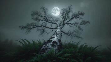 Tree Under Moon in Misty Night Landscape photo