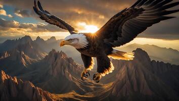 An eagle flying over mountains at sunset photo