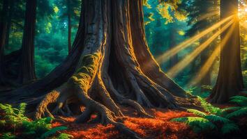 Giant Tree in Forest with Sunlight and Mossy Roots photo