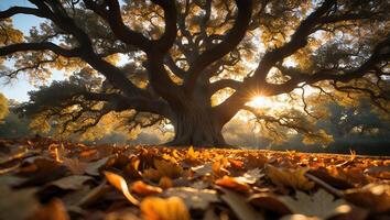 Majestic Tree with Golden Leaves and Sun Rays photo