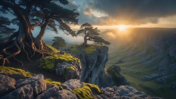 Tree on Cliff at Sunset View Landscape Nature Scenery photo