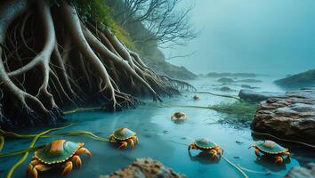 Crabs in Coastal Water Near Roots photo