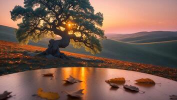Landscape with Tree, Leaves and Sunset Light in Nature Scene photo