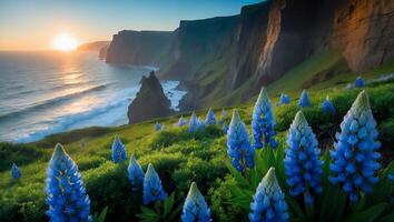 Cliff Coast with Lupine Flower at Sunrise photo