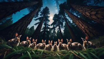 Rabbits Group Gathering in Forest at Night with Starry Sky photo