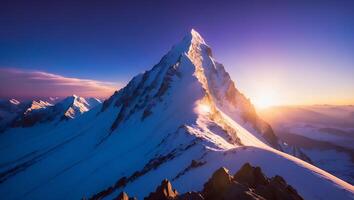 Snowy Mountain Peak Under Blue Sky with Sunset photo