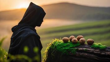 Monk and Walnuts on Log at Sunset photo