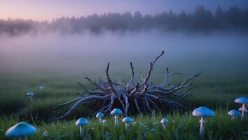 Mushroom in Foggy Field with Dead Tree photo