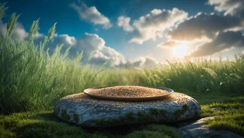 Grain in Plate on Rock in Field Against Sunny Sky photo