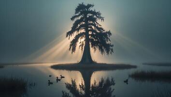 Cypress Tree in Water with Sun Rays and Fog photo
