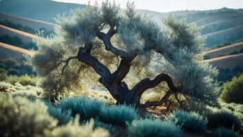 Twisted Tree in Rolling Hills Landscape with Warm Light photo