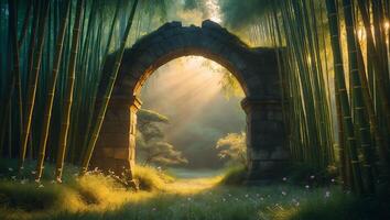 Stone Archway Through Bamboo Forest with Sunlight photo