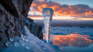 Icicle on Rock at Sunset with Reflected Sky photo