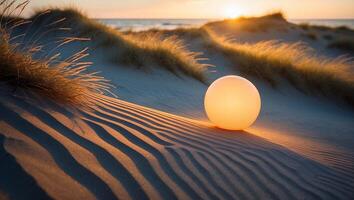 Glowing Sphere on Sandy Dune at Sunset with Grass and Ocean photo