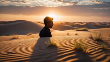 Man Silhouette Desert Landscape Sunset Dunes photo