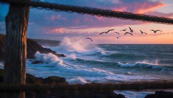 Ocean Wave Crashing on Cliff at Sunset with Seagulls photo