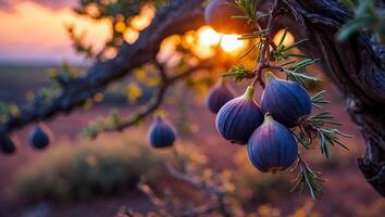 Figs Hang on Branch at Sunset Fresh Fruit Close Up photo