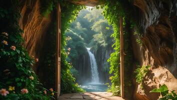Waterfall View Through Open Door in Stone Cave photo