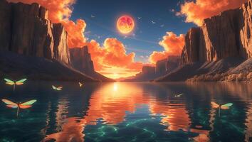 Dragonfly with Red Moon Over a Canyon Lake photo