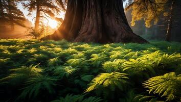 Giant Tree with Sun Rays Shining on Ferns in a Forest photo