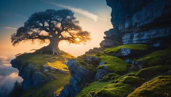 Tree on Cliff at Sunset photo