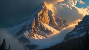 Snowy Mountain Peak Bathed in Golden Sunlight and Cloudscape photo