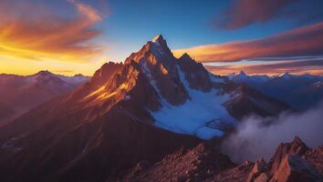 Mountain Peak Landscape with Snow and Clouds at Sunset photo