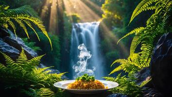 Steaming Food Plate Near Waterfall in Jungle photo