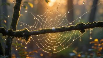 Spiderweb Covered in Water Droplets Glistening in Forest Sunlight photo