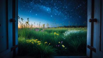 Starry Night Over Meadow with Wildflowers Seen Through Open Window photo