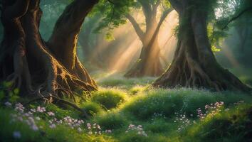 Forest with Sunlight Through Trees and Flowers photo
