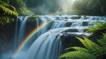 Waterfall with Rainbow and Ferns in Forest photo