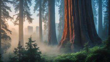 Giant Sequoias and Fog in Forest photo