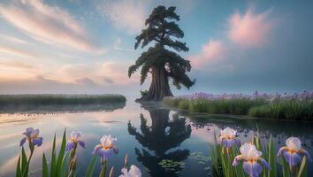 Landscape with Tree Reflection and Iris Flowers photo