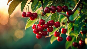 Ripe Cherry Hanging on Tree Branch photo