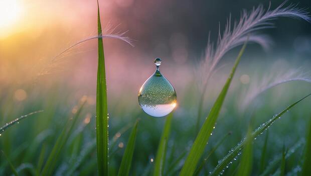 Dew Drop on Grass in Field at Sunrise photo