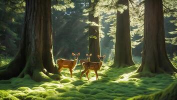 Deer in Forest with Moss Sunlight and Trees photo