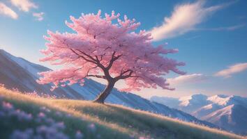 Cherry Blossom Tree on Hill Against Mountain and Blue Sky photo