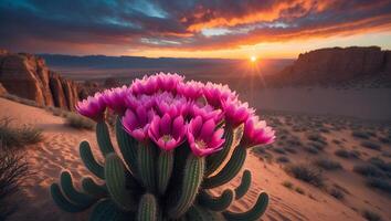 Pink Cactus Flower in Desert Sunset Landscape photo