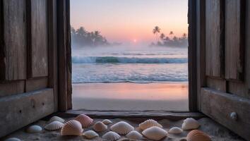 Beach View Through Open Wooden Door at Sunrise photo