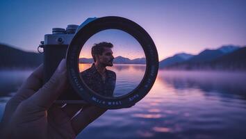Man Through Lens at Lake During Sunrise photo