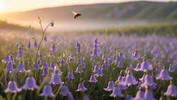 Bee Flying Over Beautiful Bluebell Field at Sunrise photo
