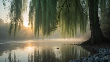 Willow Tree by Lake at Sunrise with Fog photo