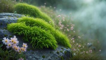 Moss on Rock with Pink Flowers and Fog photo