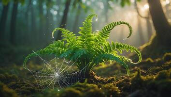 Fern with Spiderweb in Mossy Forest photo