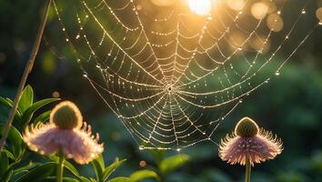 Spider web with dew drops on it photo