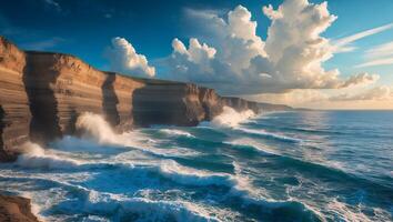 Coastal Cliff with Crashing Waves Under Cloudy Sky photo