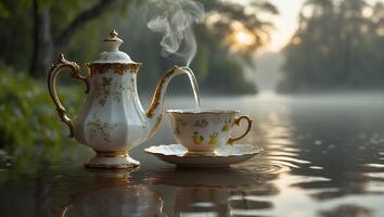 Teapot Pouring Into Teacup in Nature photo