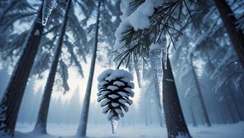 Pine Cone and Icicles in Snowy Winter Forest photo