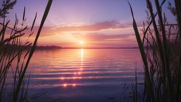 Lake Sunset with Purple Sky and Tall Grass photo